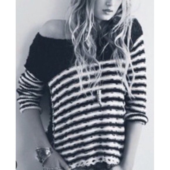 Free People Women's French Creek Sweater striped XS black cream knit - Picture 2 of 14